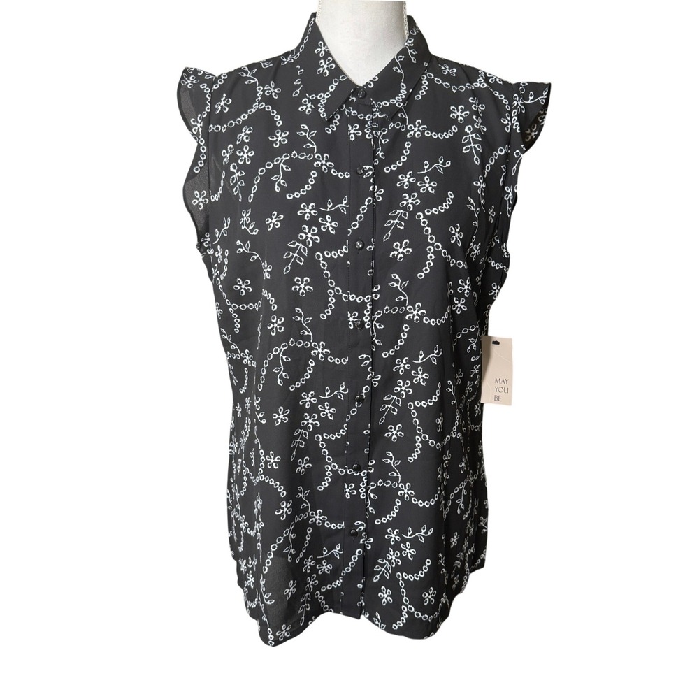 Elle Sleeveless Ruffle Shoulder Floral Button Down Blouse Black Large Office NWT